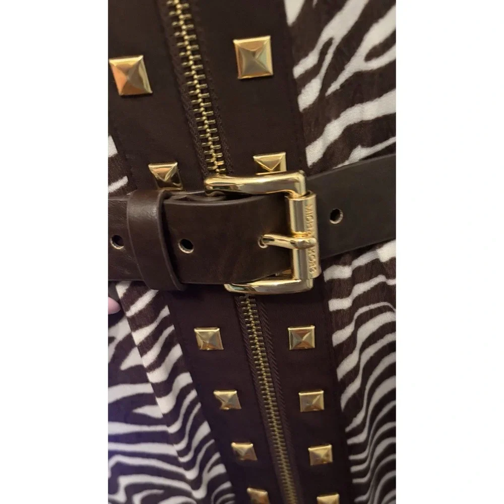 MICHAEL Michael Kors Zebra Dress P/M Brown Gold Studded Belted Zip Midi Feminine